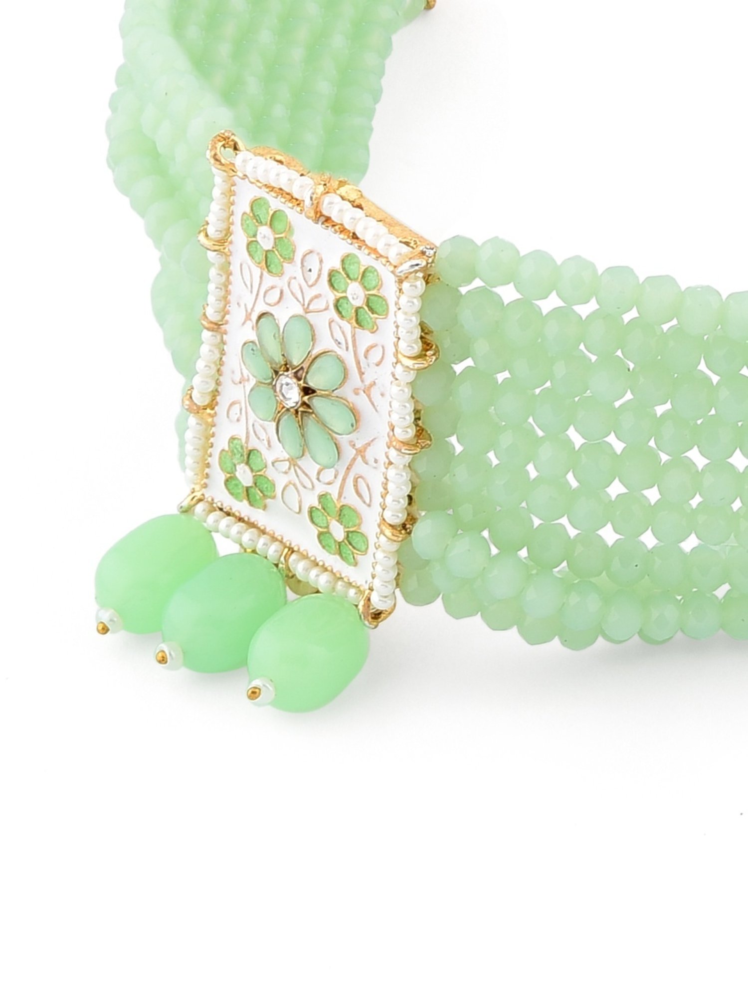 Zaveri Pearls Green White Enamel Multistrand Necklace, Earring, Maangtikka & Ring Set