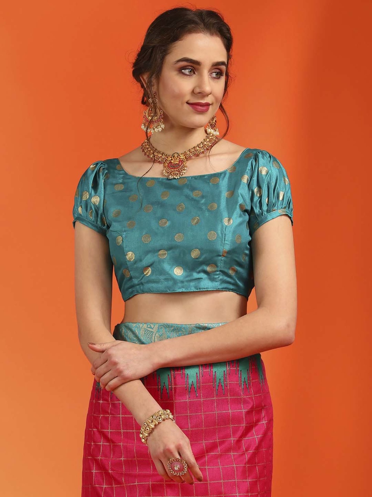 Saree Mall Pink & Blue Silk Printed Saree With Unstitched Blouse