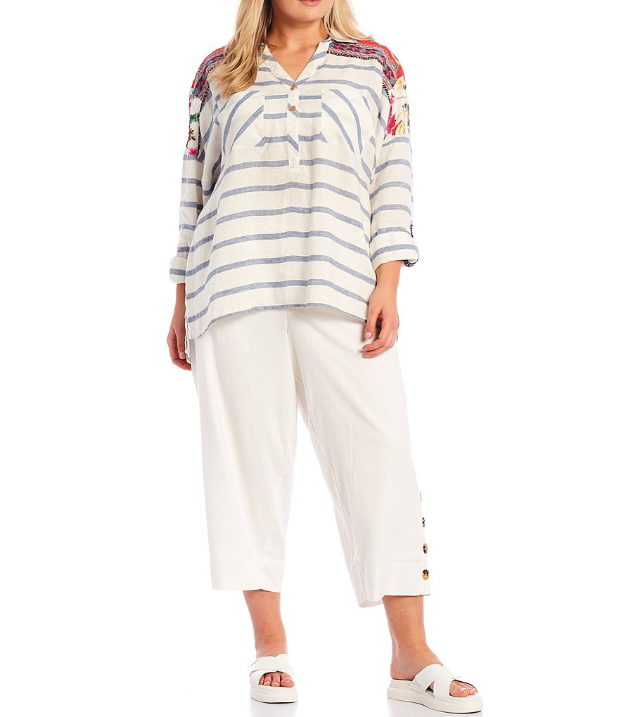 John Mark Plus Size Point Collar Neck Stripe Print Floral Contrast Back Yoke Roll-Tab Long Sleeve Button Down Hi-Low Top