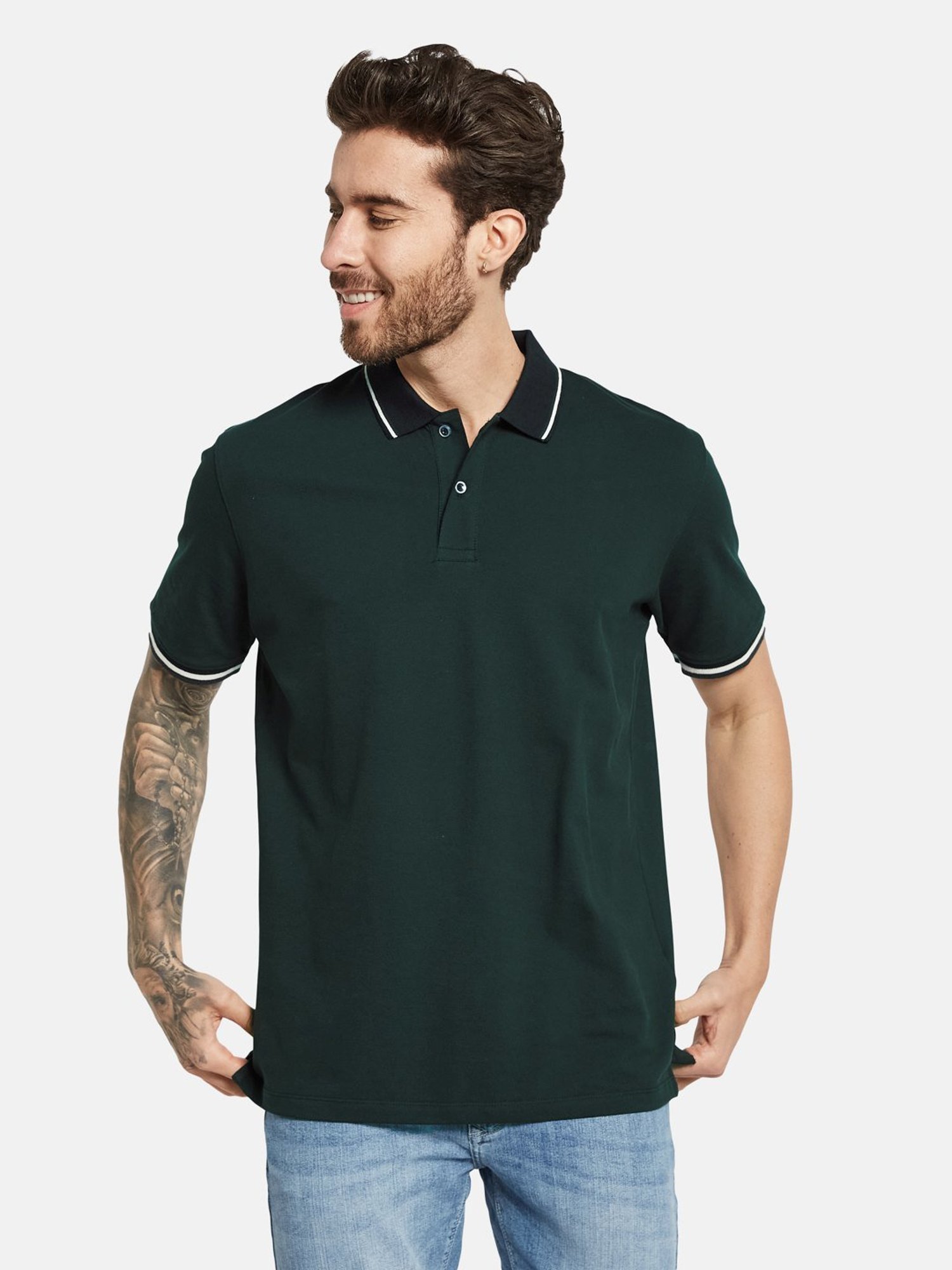 Octave Bottle Green Cotton Regular Fit Polo T-Shirt