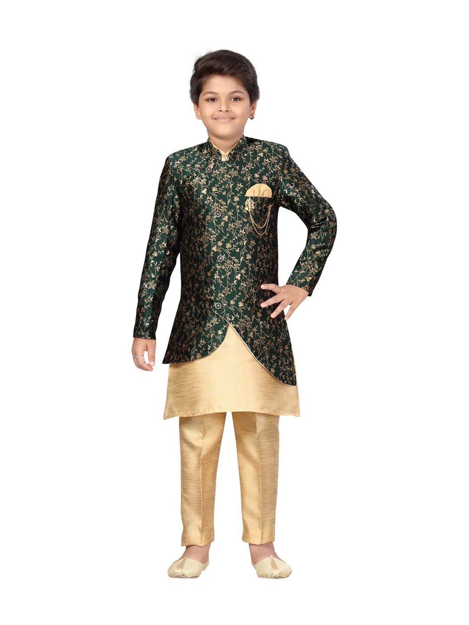 Ahhaaaa Kids Green & Beige Cotton Floral Print Full Sleeves Kurta Set