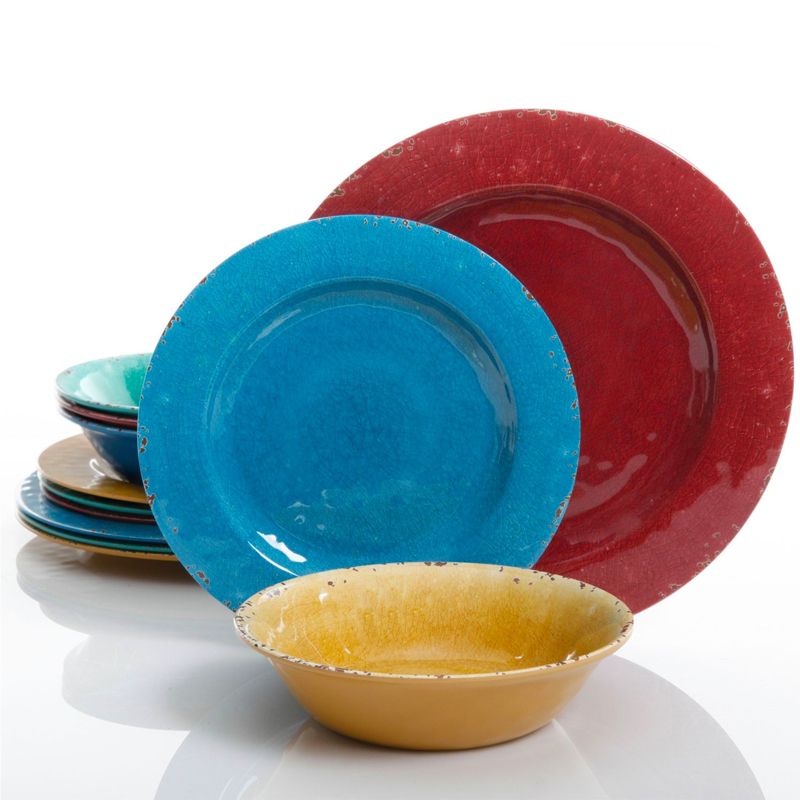 Studio California Mauna 12 Piece Assorted Crackle Decal Melamine Dinnerware Set