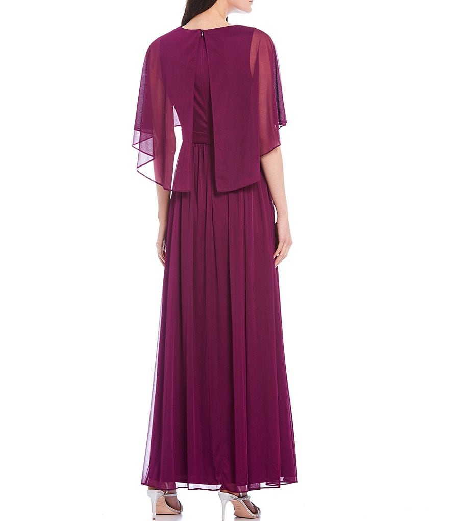 Jessica Howard Petite Size Matte Jersey Chiffon Beaded Waist V-Neck Caplet Gown