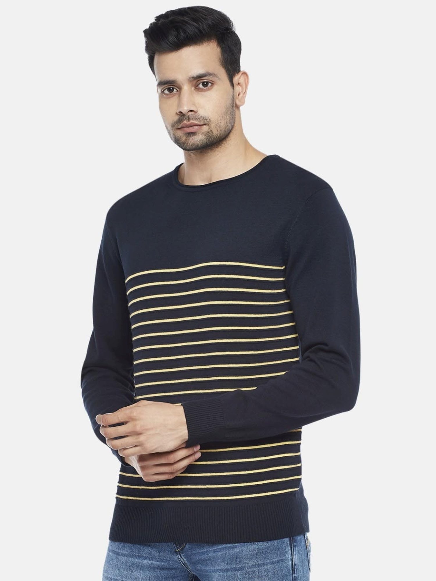 Byford By Pantaloons Navy Cotton Regular Fit Striped Sweaters
