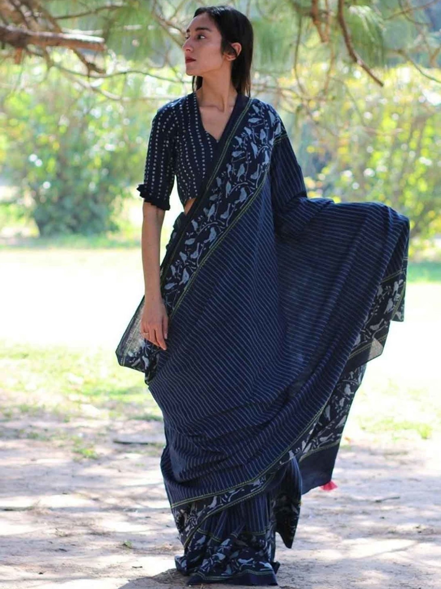 Chidiyaa Blue Block Printed Cotton Mul Saree