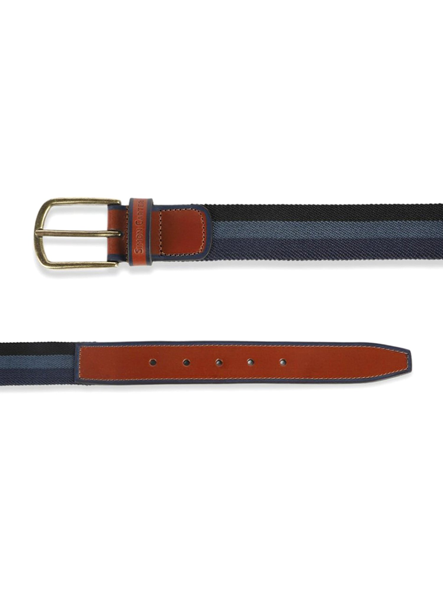 Simon Carter Navy Leather Striped Casual Belt for Men