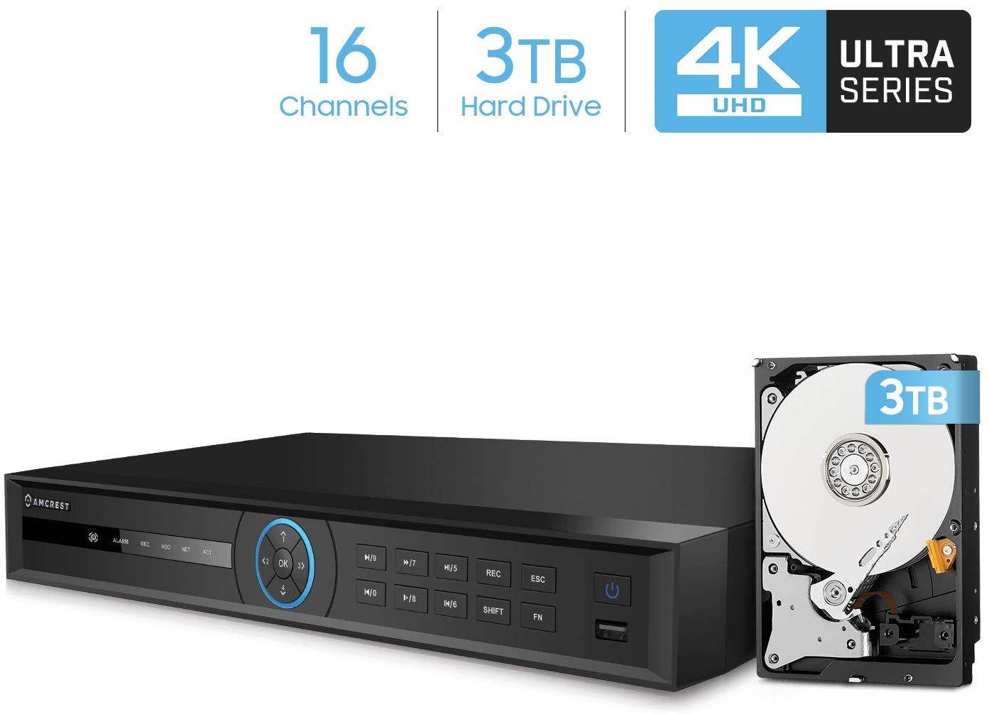 Amcrest 5Series 4K NVR 16-Channel NV5216-3TB 16CH (Record 16CH 4K @30fps, View/Playback 4CH 4K @30fps) Network Video Recorder - Pre-Installed 3TB Hard Drive (No PoE Ports Included)