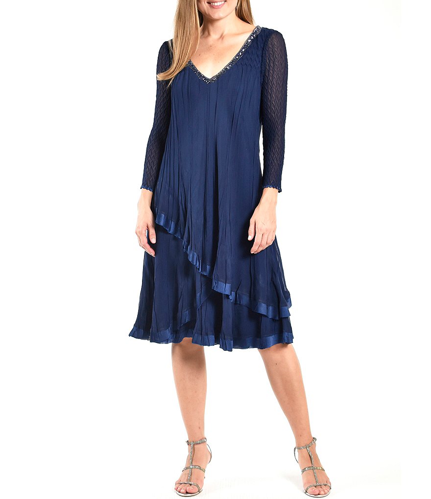 Komarov V-Neck 3/4 Sleeve Ombre Chiffon Ruffle Midi Dress