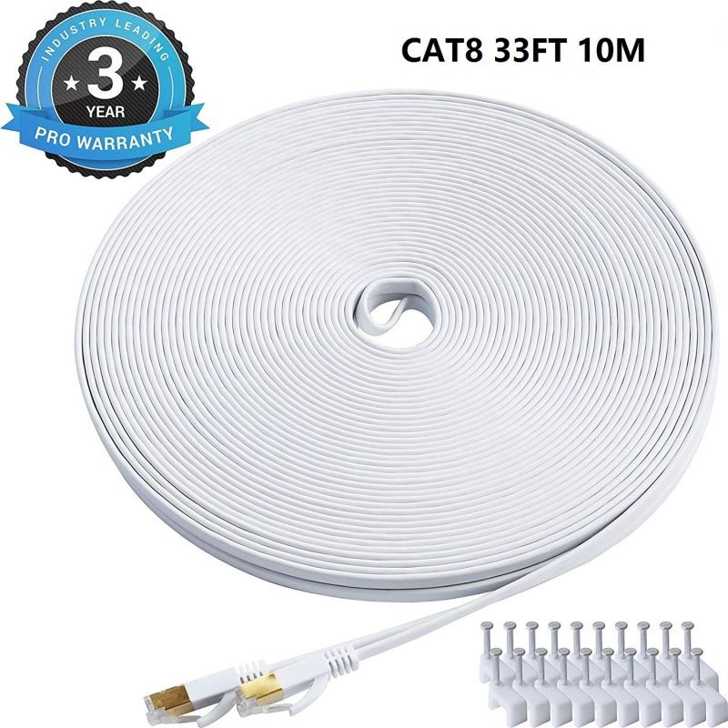 Cat 7 Ethernet Cable 100 ft LAN Cable Internet Network Cord for PS4, Xbox, Router, Modem, Gaming, White Flat Shielded 10 Gigabit RJ45 High Speed Computer Patch Wire.