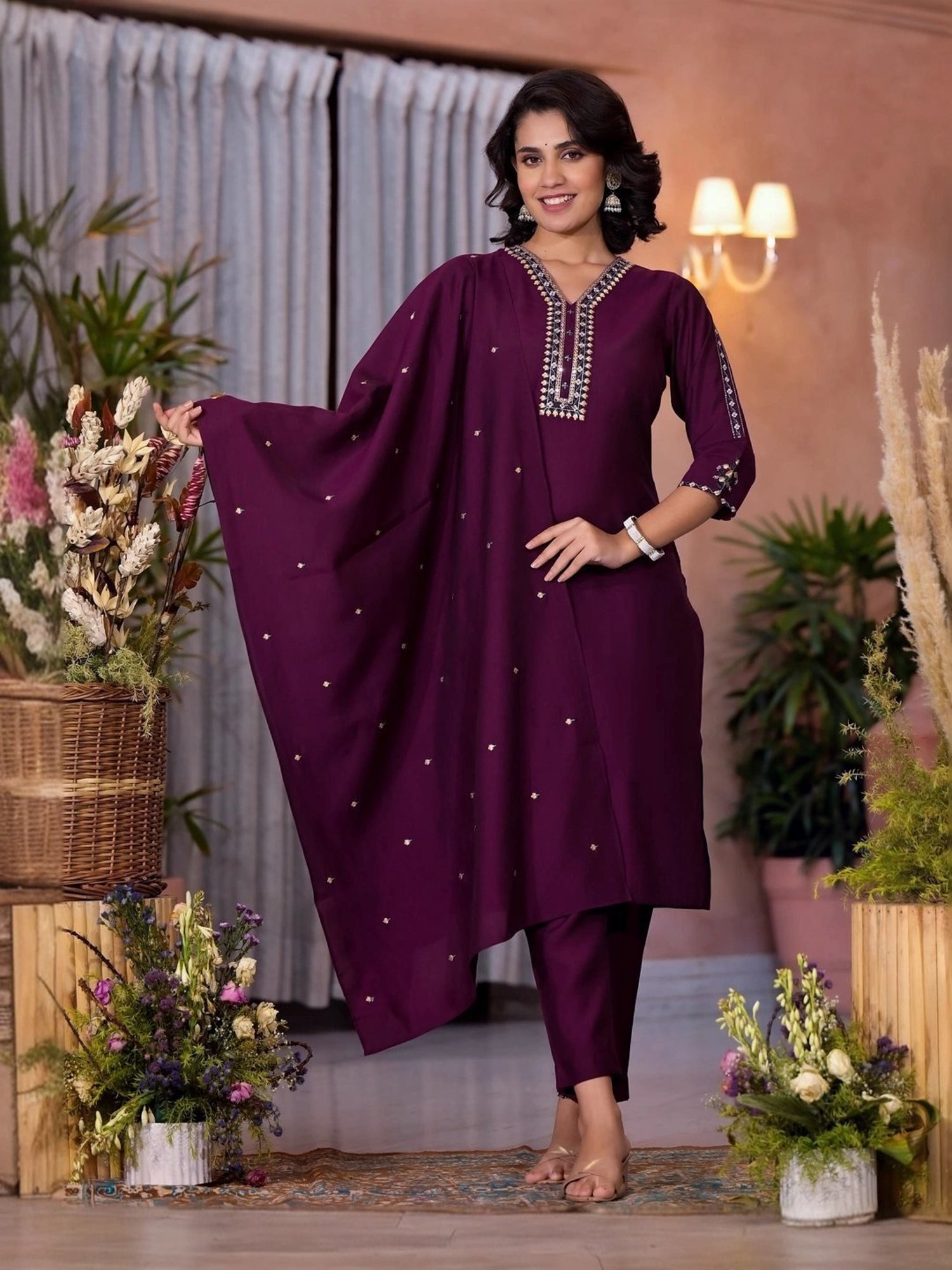 Juniper Maroon Embroidered Kurta Pant Set With Dupatta