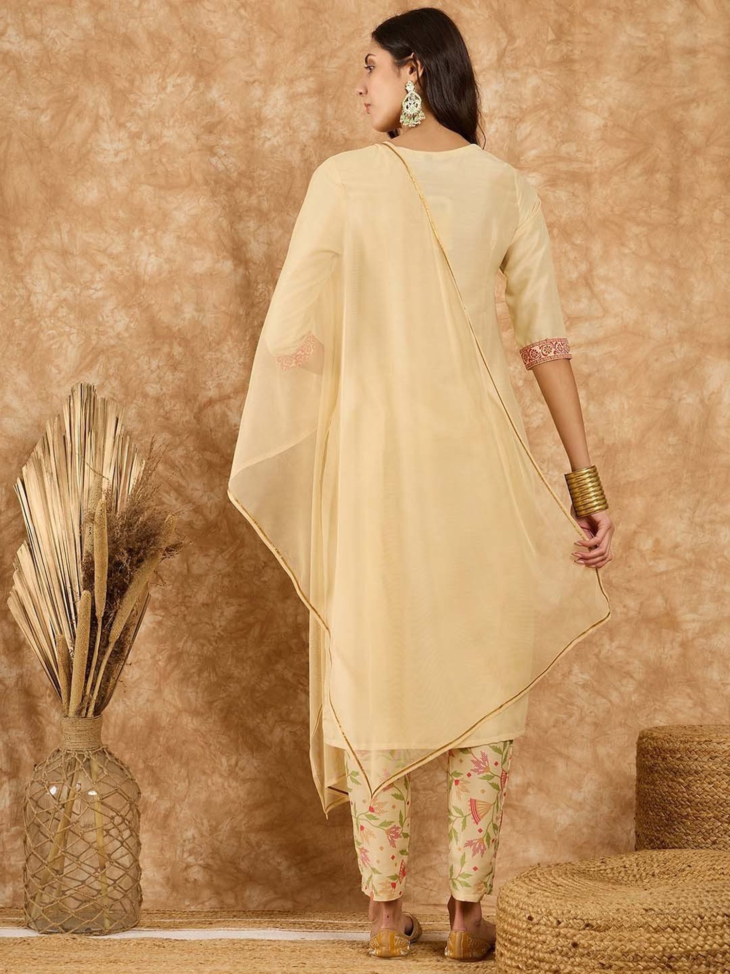 Ziyaa Beige Printed Kurta With Pant & Dupatta