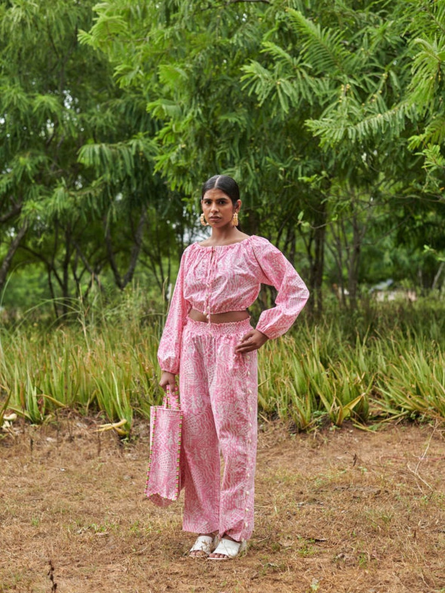 Khajoor Studio Pink & White Sundaze Meadow Smocked Trousers