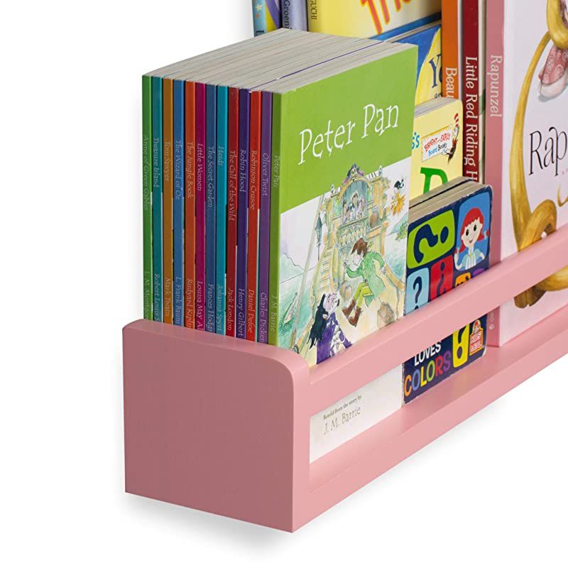 Nursery Room Decor Wall Shelf Book Organizer Storage Ledge Floating Bookshelf Display Holder for Toys CDs Frames Monitor - Ships Assembled (Light Pink)