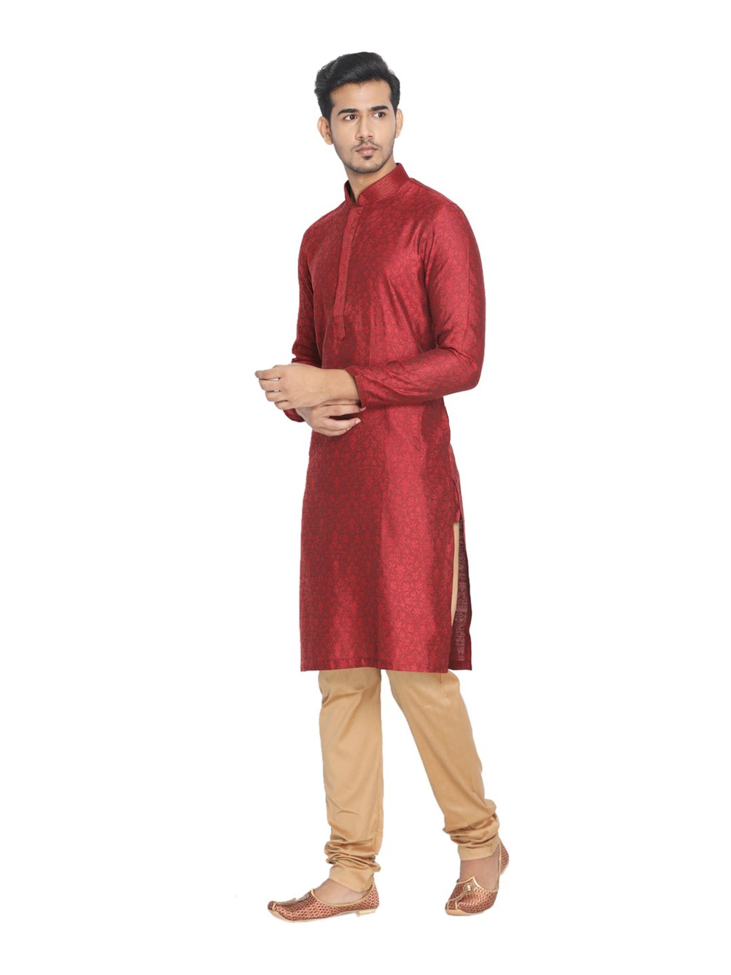 Manyavar Maroon & Beige Self Design Kurta Set