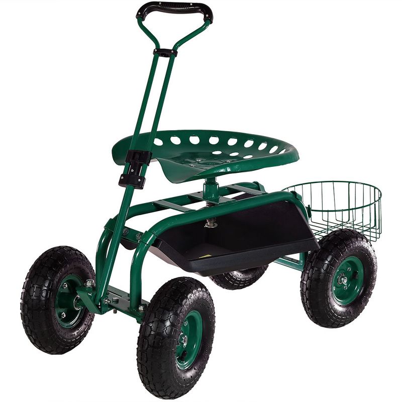 Sunnydaze Outdoor Lawn and Garden Heavy-Duty Steel Rolling Gardening Cart with Extendable Steer Handle, Swivel Chair, Tool Tray, and Basket - Green