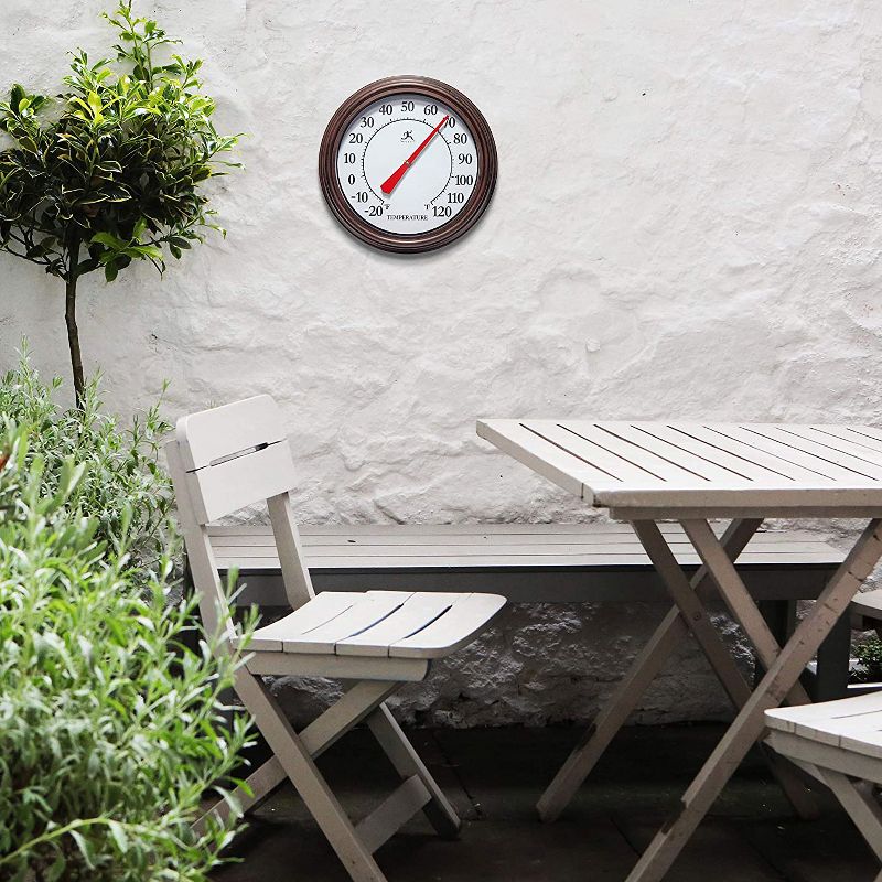 Infinity Instruments 12-Inch Round Analog Outdoor Patio Thermometer with Easy Keyhole Hanging Design, Arbol Brown