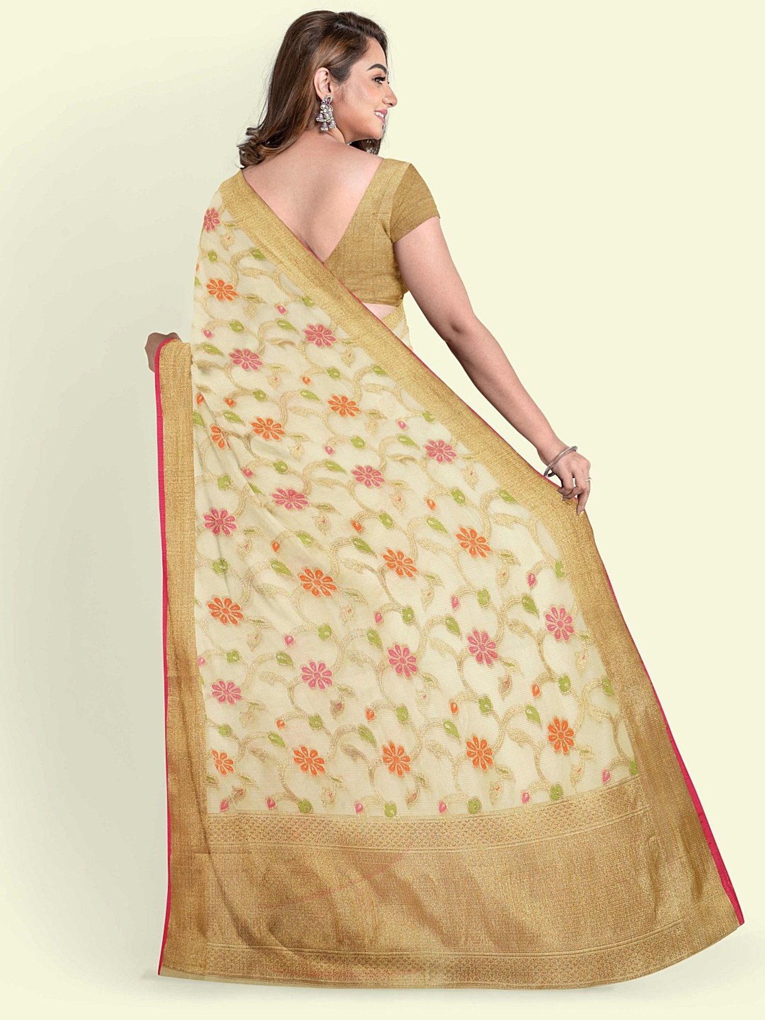 Banarasi Silk Works Beige Cotton Woven Saree With Unstitched Blouse