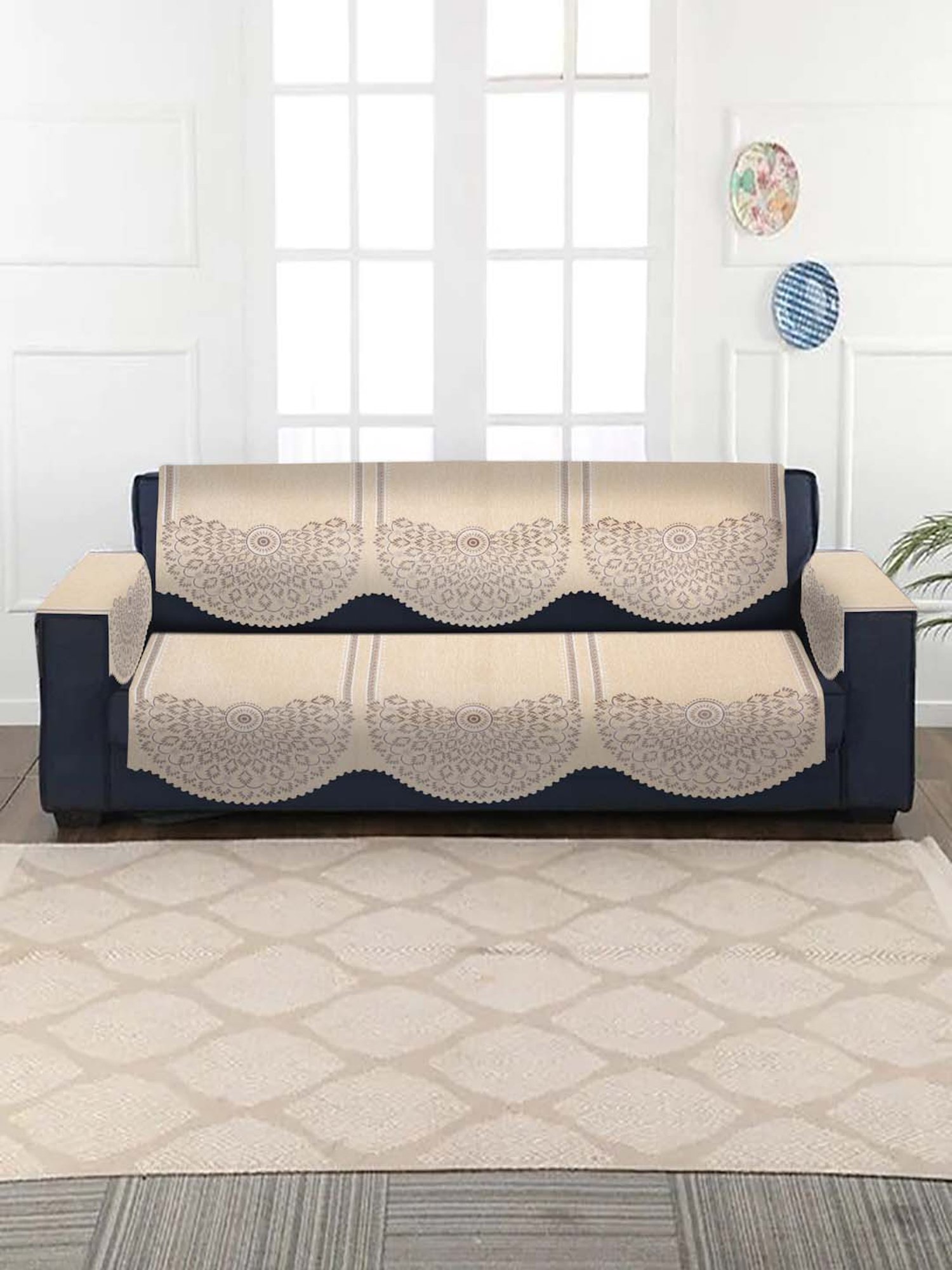 HOSTA HOMES Beige Velvet Sofa Cover With Arm Rest - Set of 16