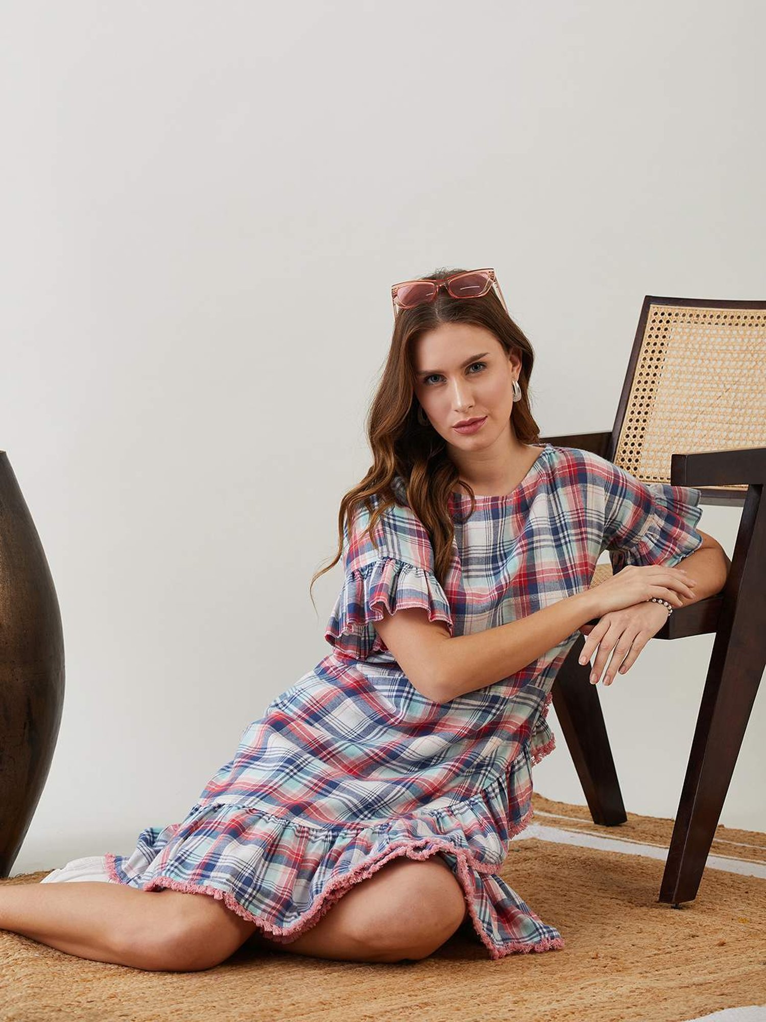 The Kaftan Company Pink Cotton Chequered A-Line Dress