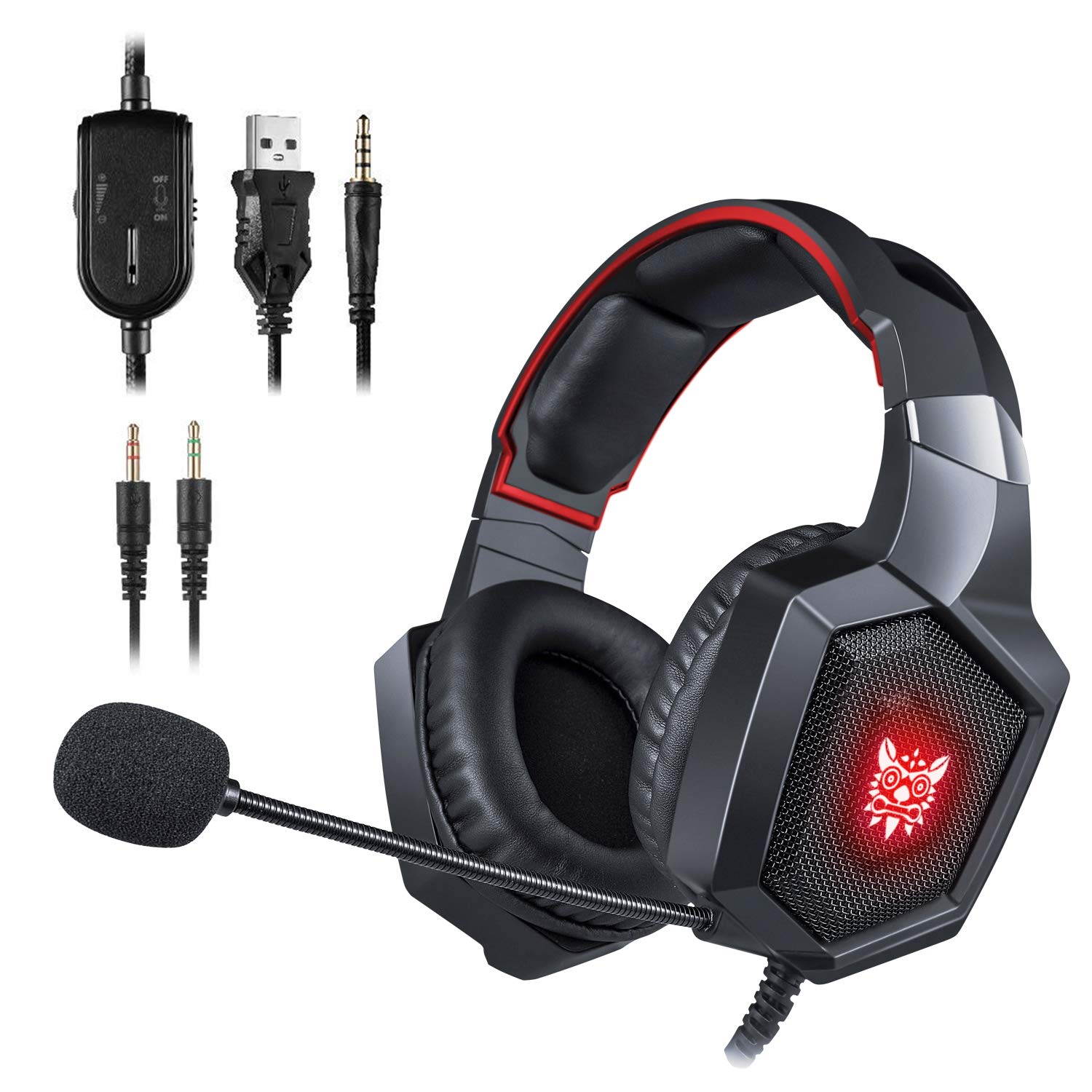 ONIKUMA Gaming Headset - Stereo K8 Gaming Headset for PS4 Xbox One, Noise Cancelling Mic Over Ears Gaming Headphones with Mic for Nintendo Switch Playstation 4 Laptop Smartphones and PC-Red LED Light