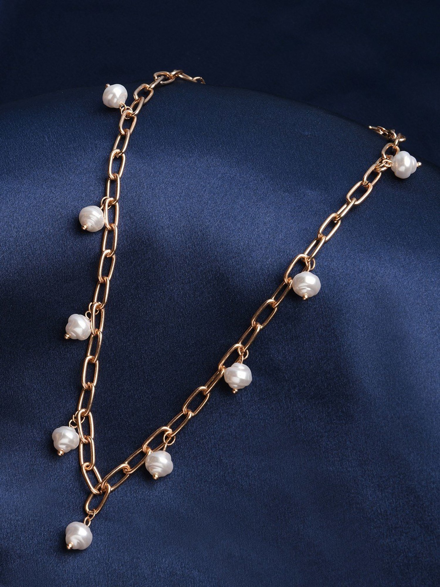 ToniQ Stylish Gold-Plated White Pearl Drops Link Necklace for Women