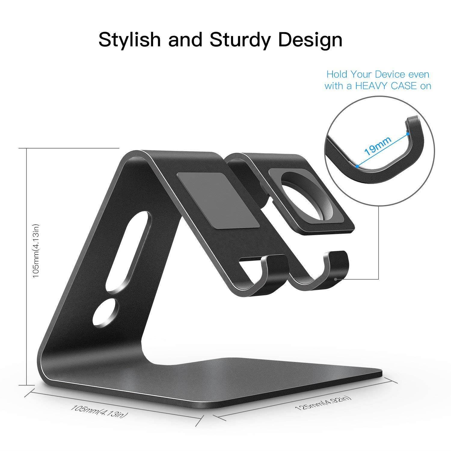 Apple Watch Stand, OMOTON 2 in 1 Universal Desktop Stand Holder for iPhone and Apple Watch (Both 38mm/40mm/42mm/44mm) (Black)