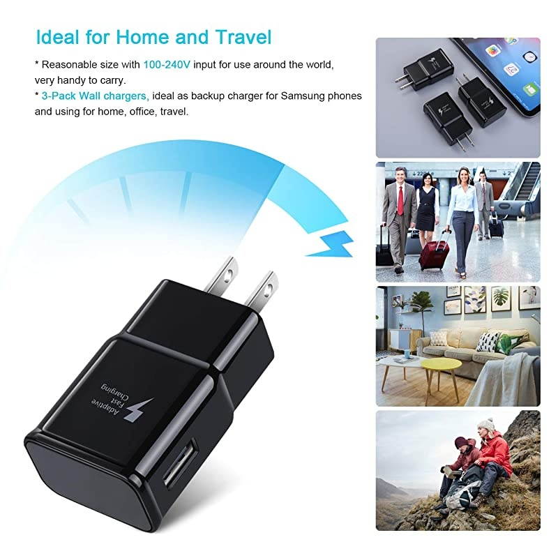 Adaptive Fast Charging Wall Charger,  3-Pack USB Wall Charger Fast Charging Block Travel Phone Charger Compatible Samsung Galaxy Note 10 9 8, S20 S10 S9 S8, iPhone, HTC and More (Black)