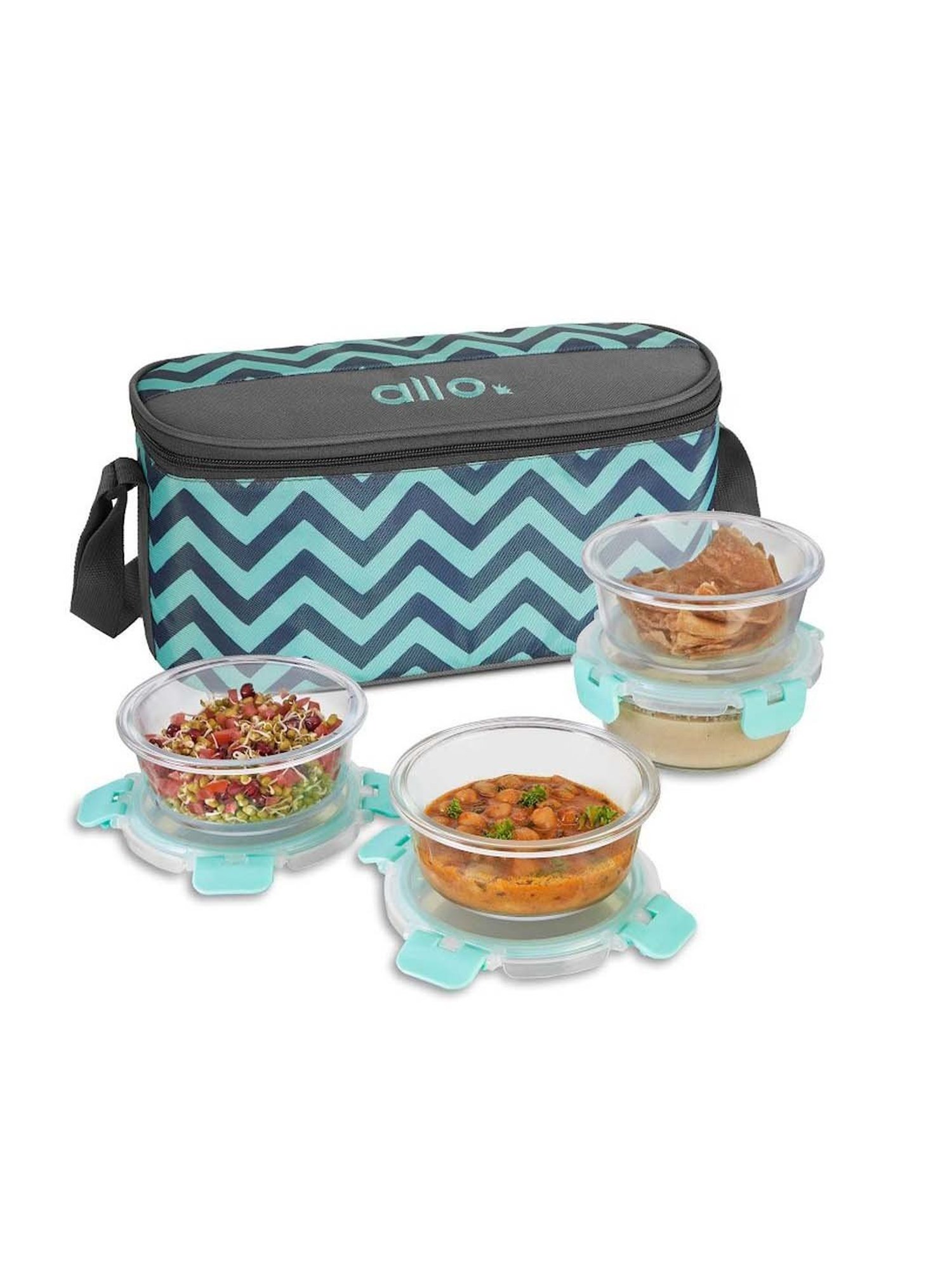 Allo Borosilicate Glass Lunch Box Microwave Safe With Detachable Lock and Chevron Mint Tiffin Bag