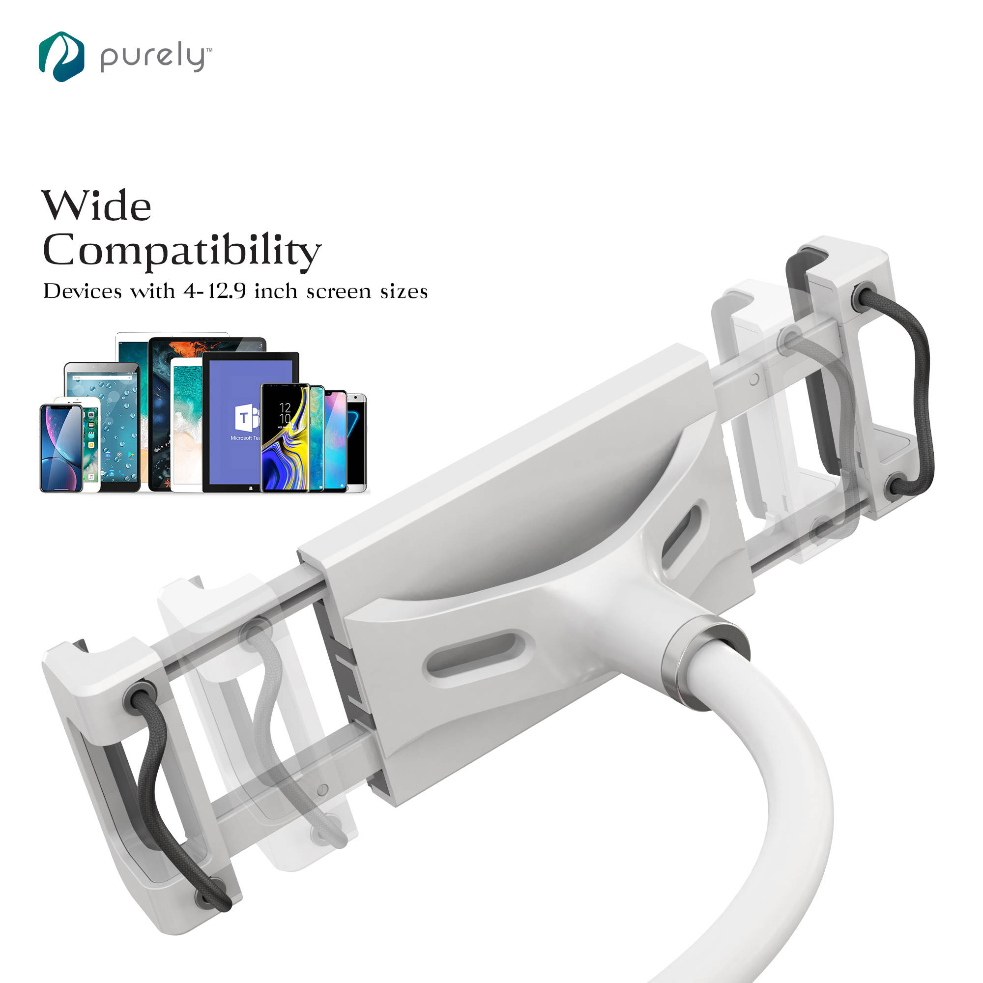 Purely Gooseneck Phone and Tablet Holder Deluxe | 39&rdquo; Flexible Arm with Clip Mount 4" to 12.9" Devices - Compatible with iPad Pro, Mini & Samsung Galaxy Tab - Desk, Bedside, Headboard Stand