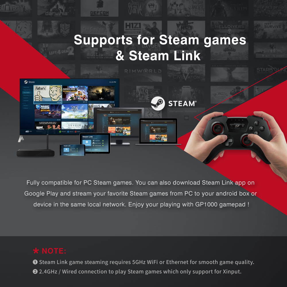 RT RockTek GP1000 3 Modes Wireless& Wired Gamepad Controller with Bluetooth/2.4GHz/Wired Support PC Steam Games/Phone Bracket/Vibration/PC Xinput/Android