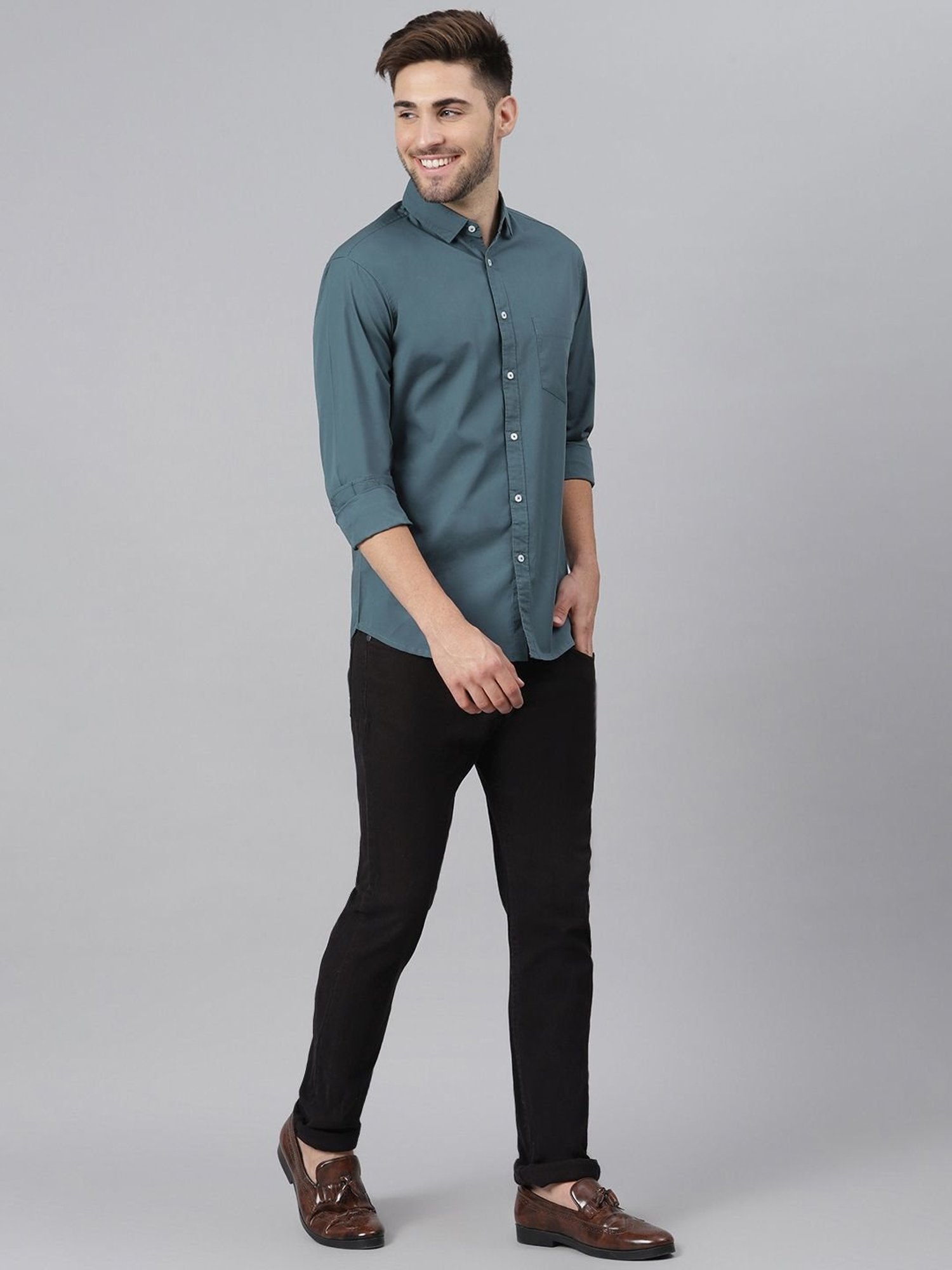 Dennis Lingo Grey Cotton Slim Fit Shirt