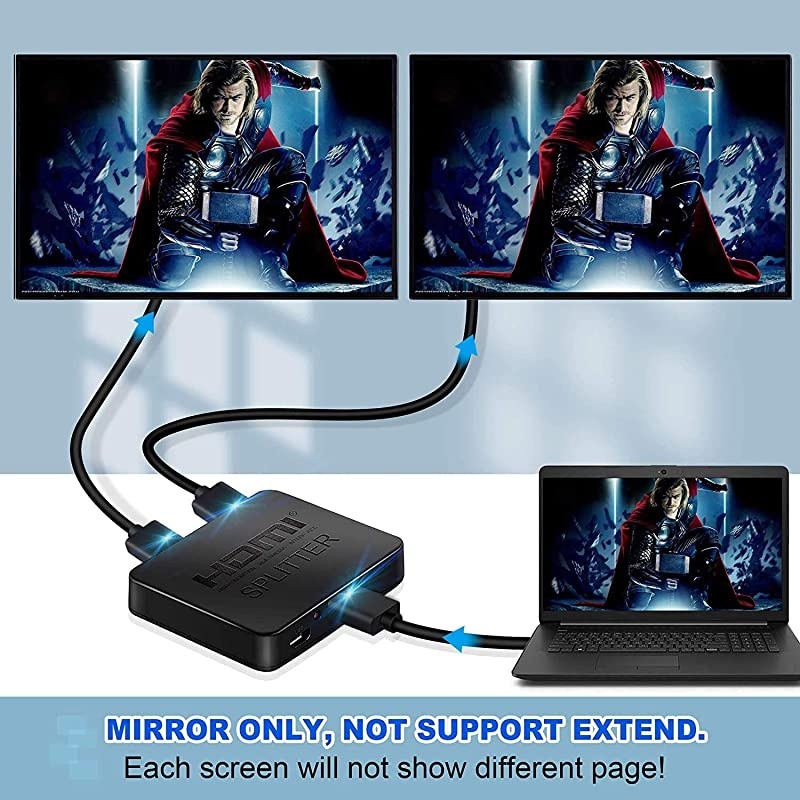 HDMI Splitter 1 in 2 Out, 4K HDMI Splitter for Dual Monitors Duplicate/Mirror Only, 1x2 HDMI Splitter 1 to 2 Amplifier for Full HD 1080P 3D with HDMI Cable (1 Source onto 2 Displays)