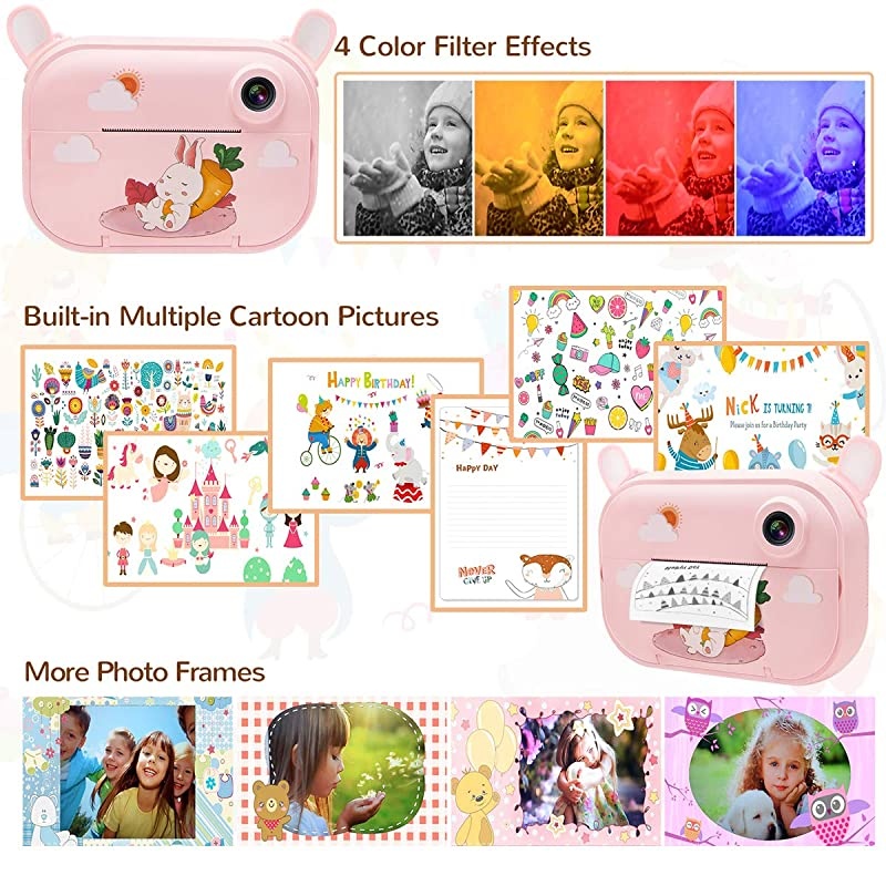 Print Camera for Kids Girls Zero Ink Print Photo Selfie Video Digital Camera with Paper Film 312 Years Old Children Mini Learning Toy Camera Gifts for Birthday Holiday Travel Pink