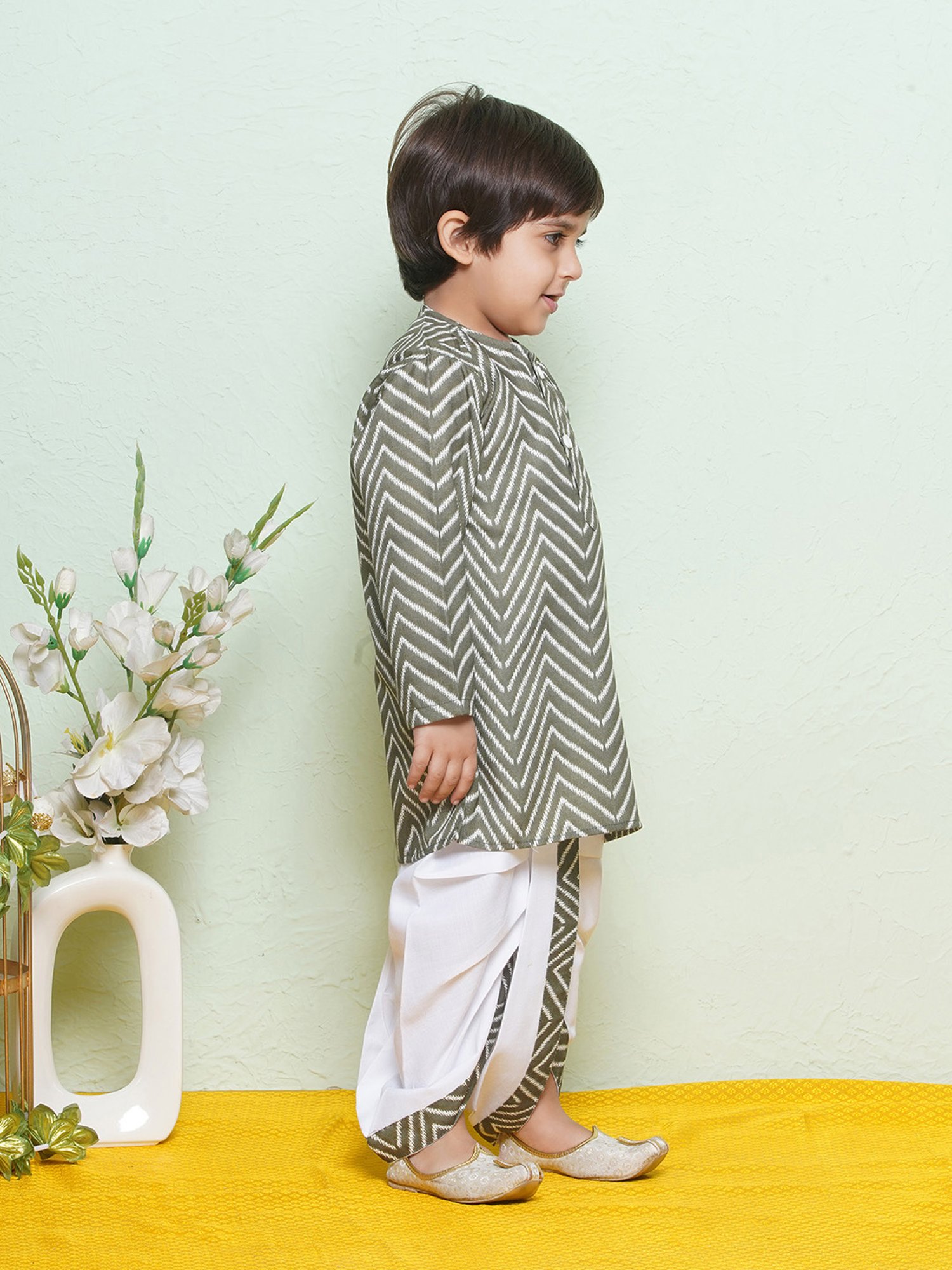 AJ Dezines Kids Green & White Printed Full Sleeves Kurta with Dhoti