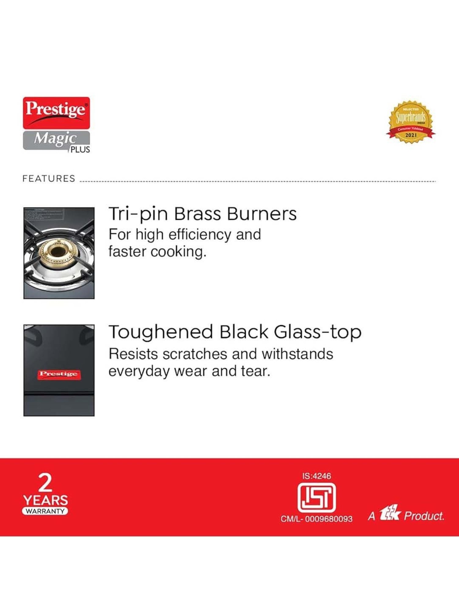 Pigeon Blackline Smart Black Glass Manual Gas Stove (2 Burners)