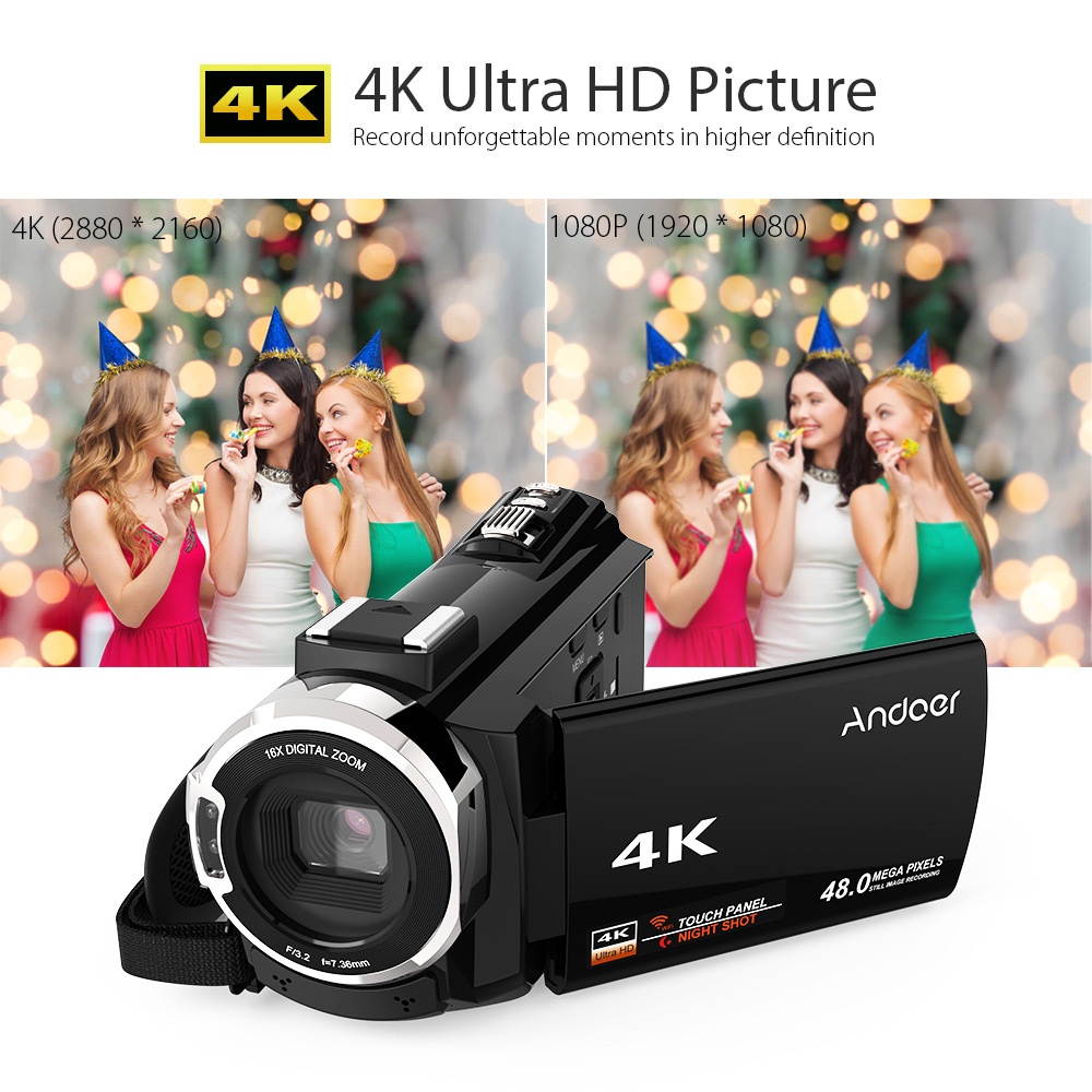 Andoer 4K 1080P 48MP WiFi Digital Video Camera Camcorder Recorder with 0.39X Wide Angle Macro Lens Novatek 96660 Chip 3inch Capacitive Touchscreen IR Infrared Night Sight 16X Zoom Cold Shoe Support
