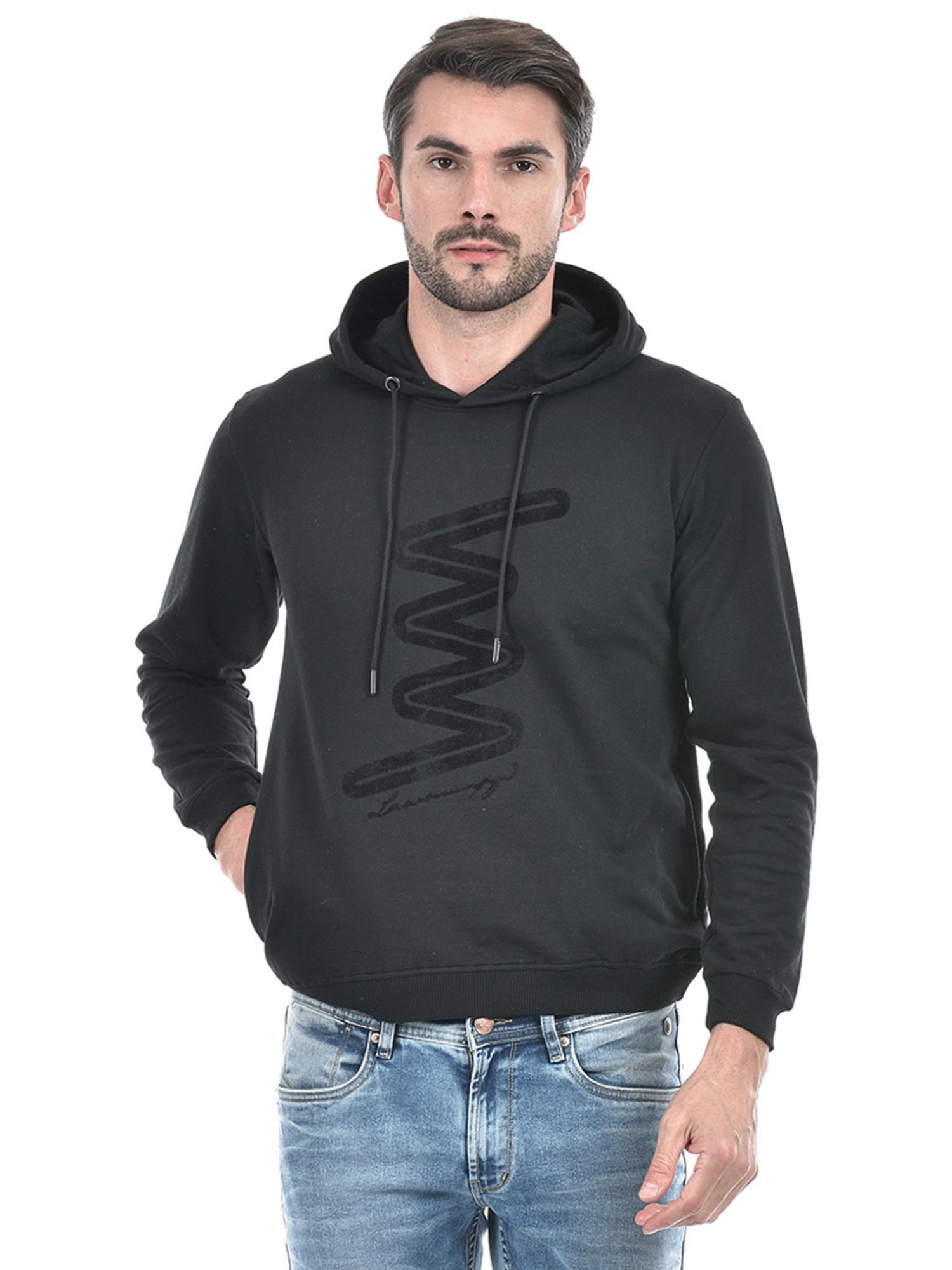 Lawman Black Cotton Regular Fit Printed Hooded Sweatshirts