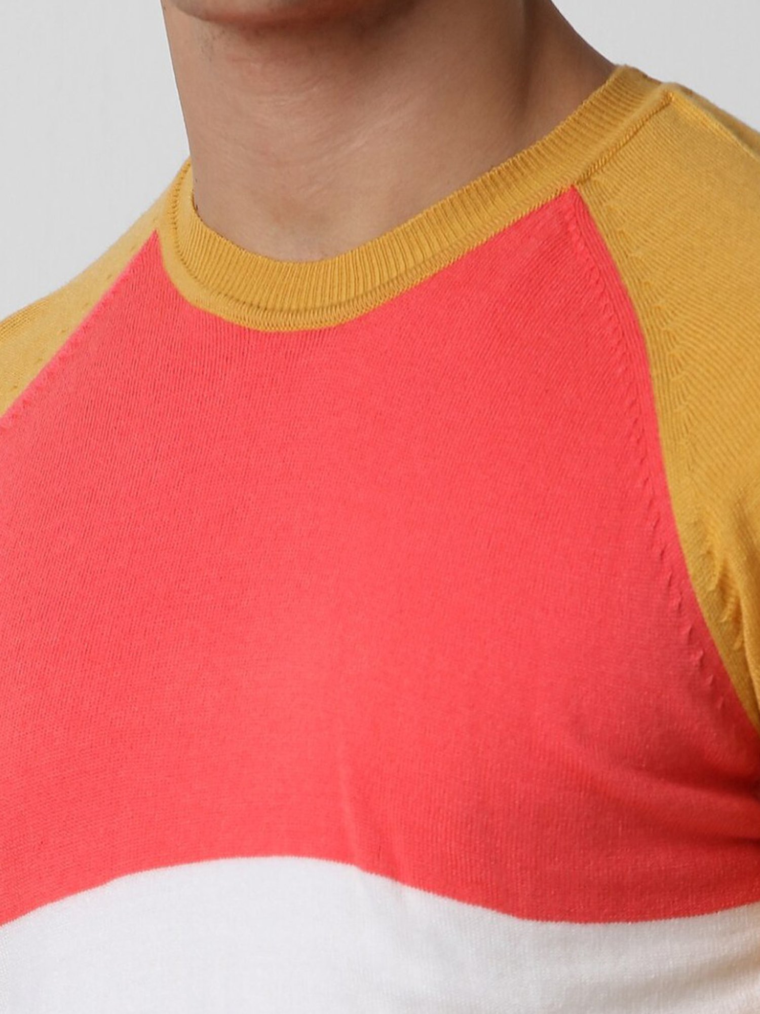 Peter England Yellow Cotton Regular Fit Colour Block Sweater