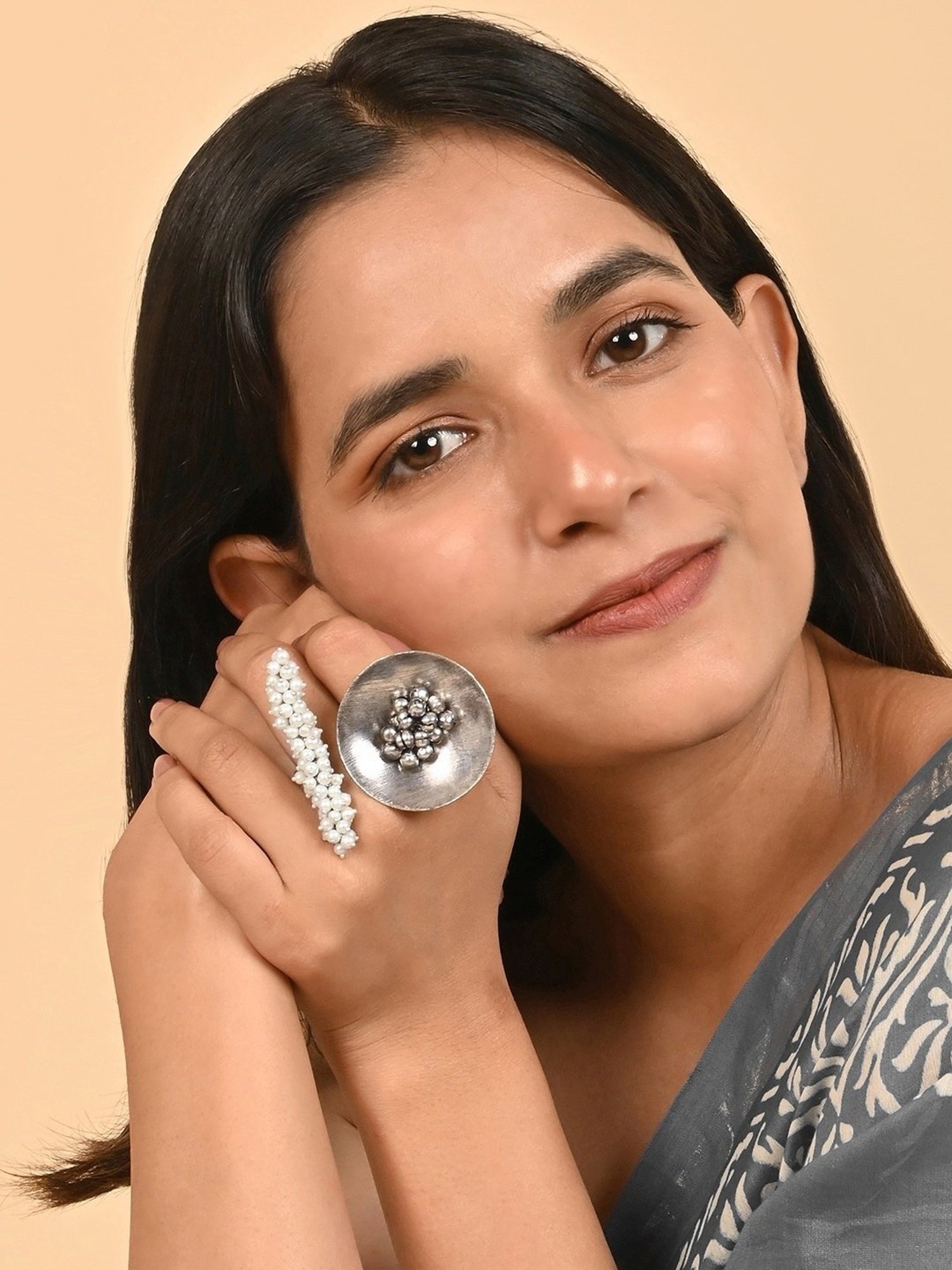 Teejh Ethnic Aklima Pearl and Silver Oxidized Rings for Women