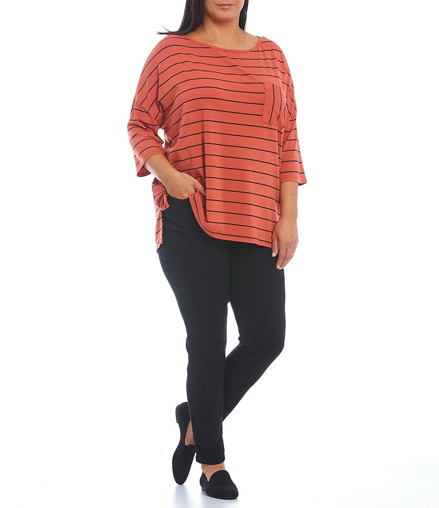 Westbound Plus Size Striped Round Neck 3/4 Sleeve 1 Pocket Tee