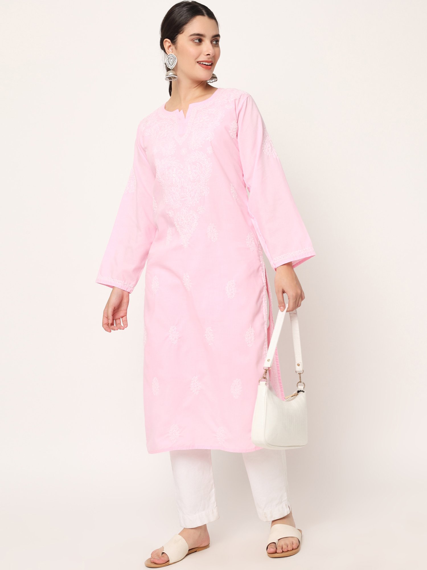 PARAMOUNT CHIKAN Pink Cotton Chikankari Straight Kurta