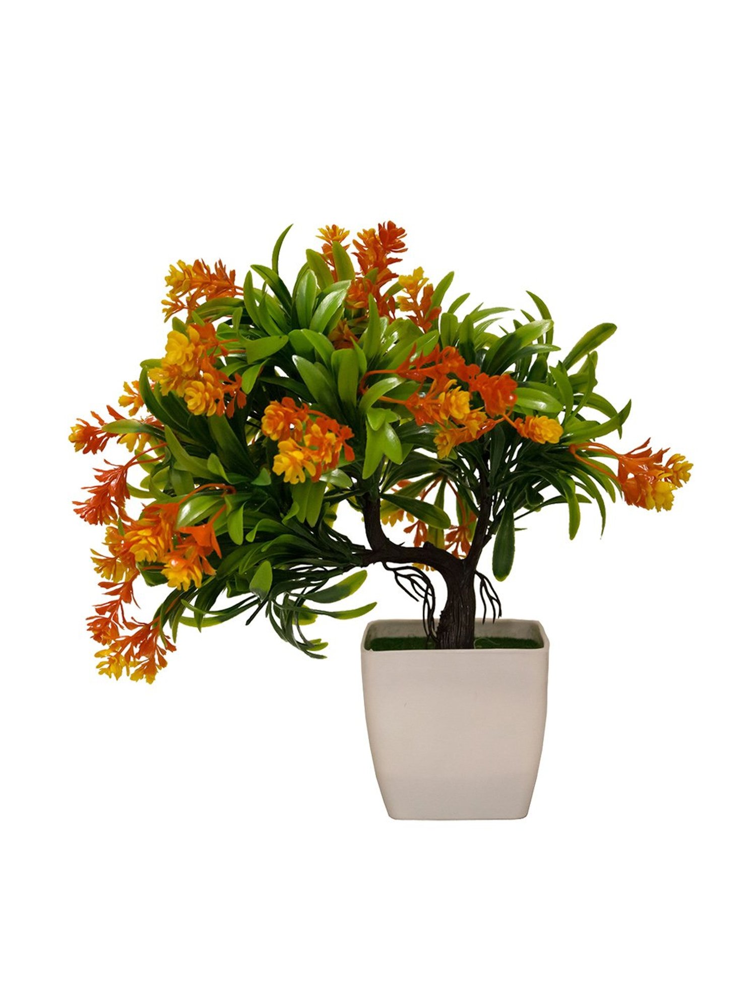 Amflix Orange Artificial Bonsai Flower Plant With Pot
