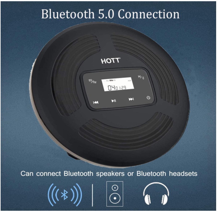 CD903TF Portable CD Player for Car Speakers with FM Transmitter Bluetooth Rechargeable Touch Button Backlight Display Black