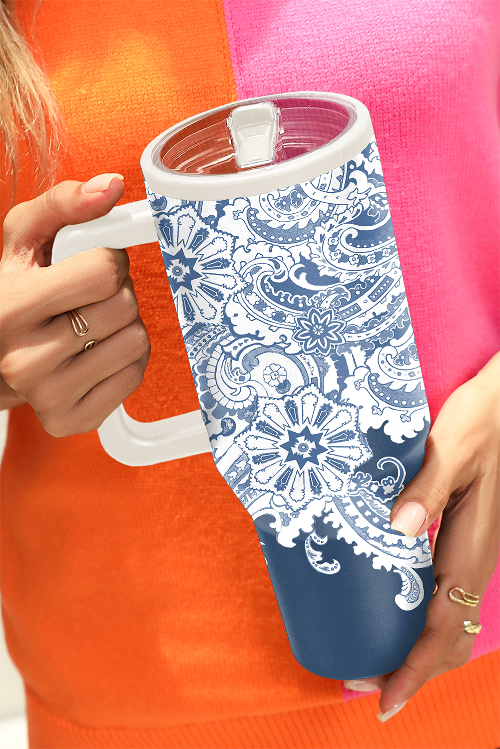 Pink Checkered Print Handled Stainless Steel Tumbler Cup