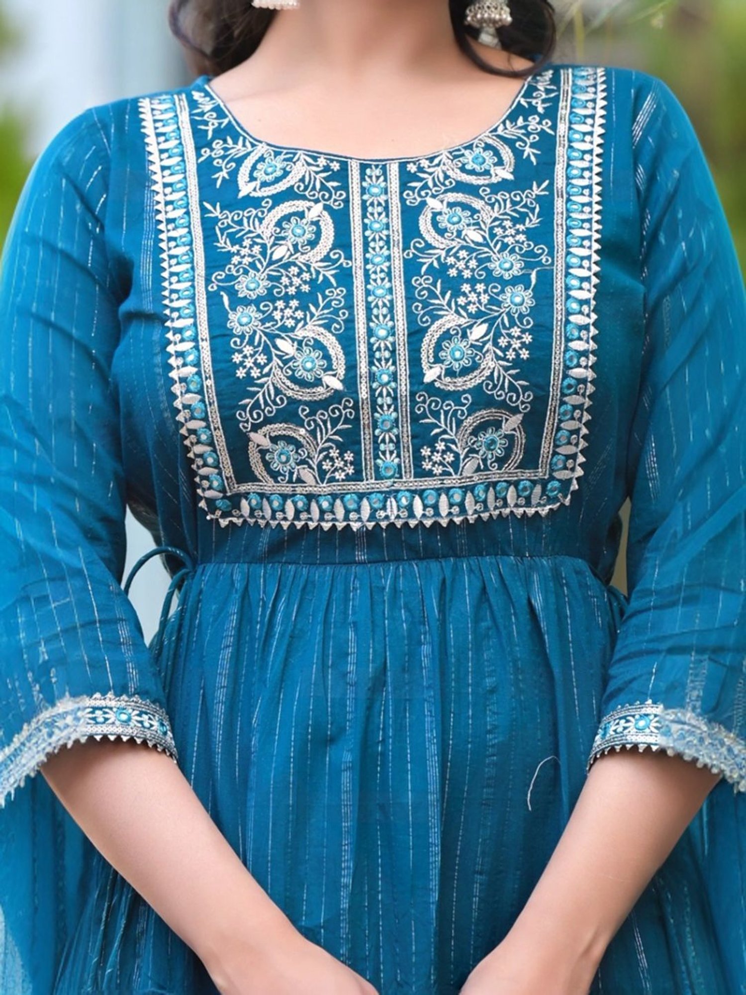 Varanga Teal Blue Cotton Embroidered Maxi Dress