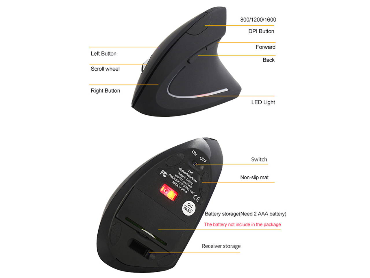 Sovawin Wireless Mouse 800 1200 1600 DPI Optical Mice Vertical Ergonomic Wrist Healing Mouse For Desktop Computer PC Game Mice