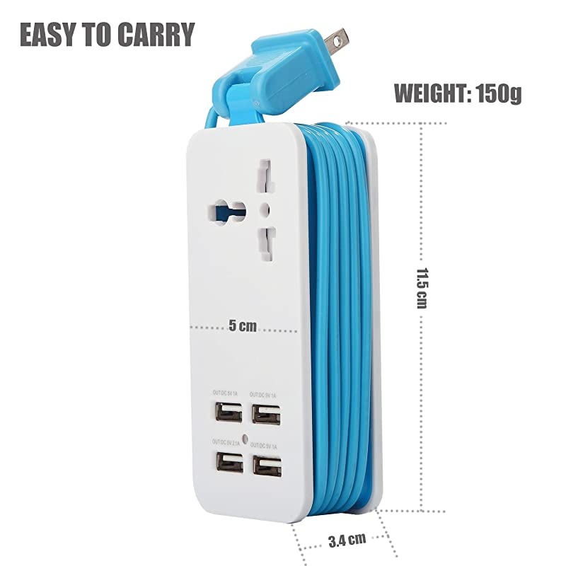 USB Power Strip, 4 Port USB Charger Station 5V 2.1A-1A 21W Travel Charging Strip Outlets 5ft Extension Power Supply Cord with Universal Flat Wall Plug 100V-240V Input USB Power Sockets (Blue)