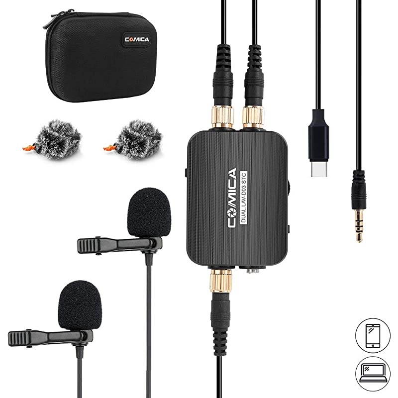 CVMD03 STC USB C Professional Dual Lavalier Lapel Microphone Omnidirecitonal Dual Lavalier Mic for iPhone Android Smartphone ComputerRecording Mic for YouTubeInterviewVideo