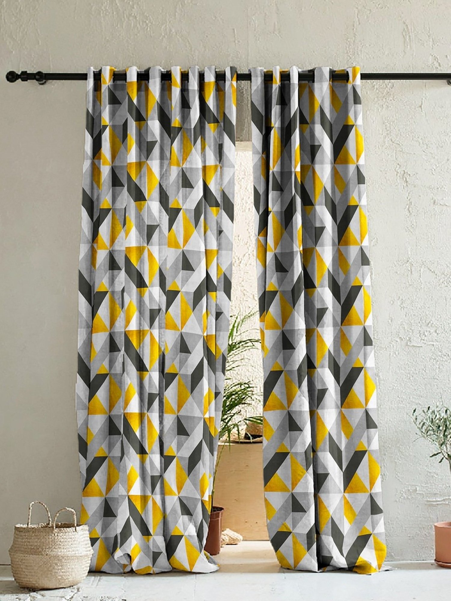 SPACES DRAPE STORY Elegent Yellow & Grey Polyester 8 FT Door Curtain - Set of 2