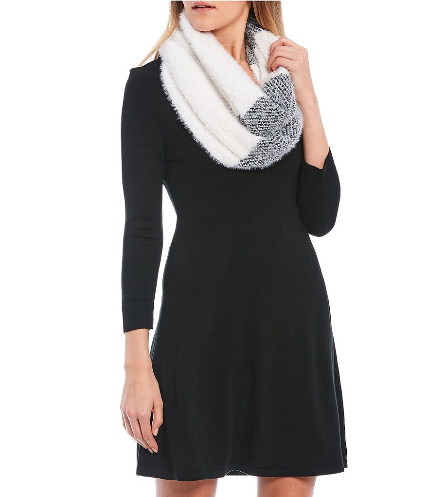 Midnight Doll 3/4 Sleeve Color-Block Scarf A-Line Sweater Dress
